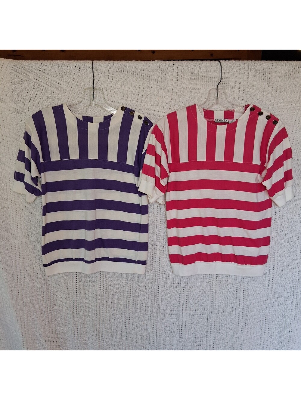 Vintage 80s Messages Striped Shoulder Button Tops Set (2) Pink Purple Small